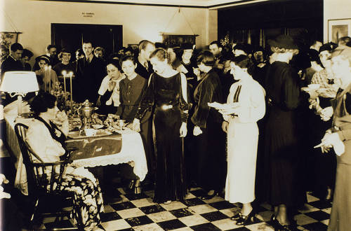 Students standing in lobby of building. Photo taken between 1920 and 1929. (Image courtesy of DePaul University Special Collections and Archives)